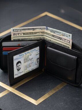 Men Wallet Leather ID Money Organizer Zipper Closure Black Bifold Wallet